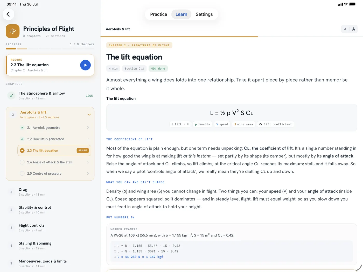 The lift equation chapter of the Principles of Flight learning module, in the full-width iPad reader