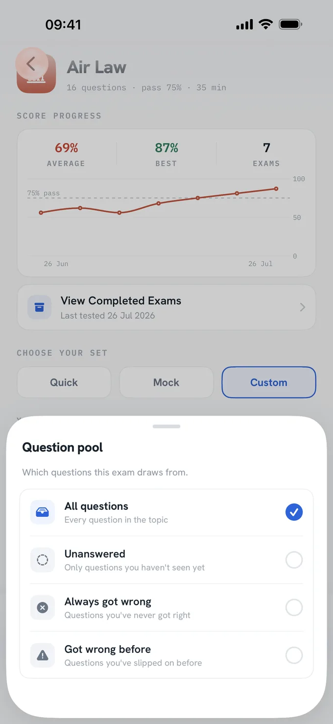 Custom exam builder with question pool filters like unanswered and always got wrong
