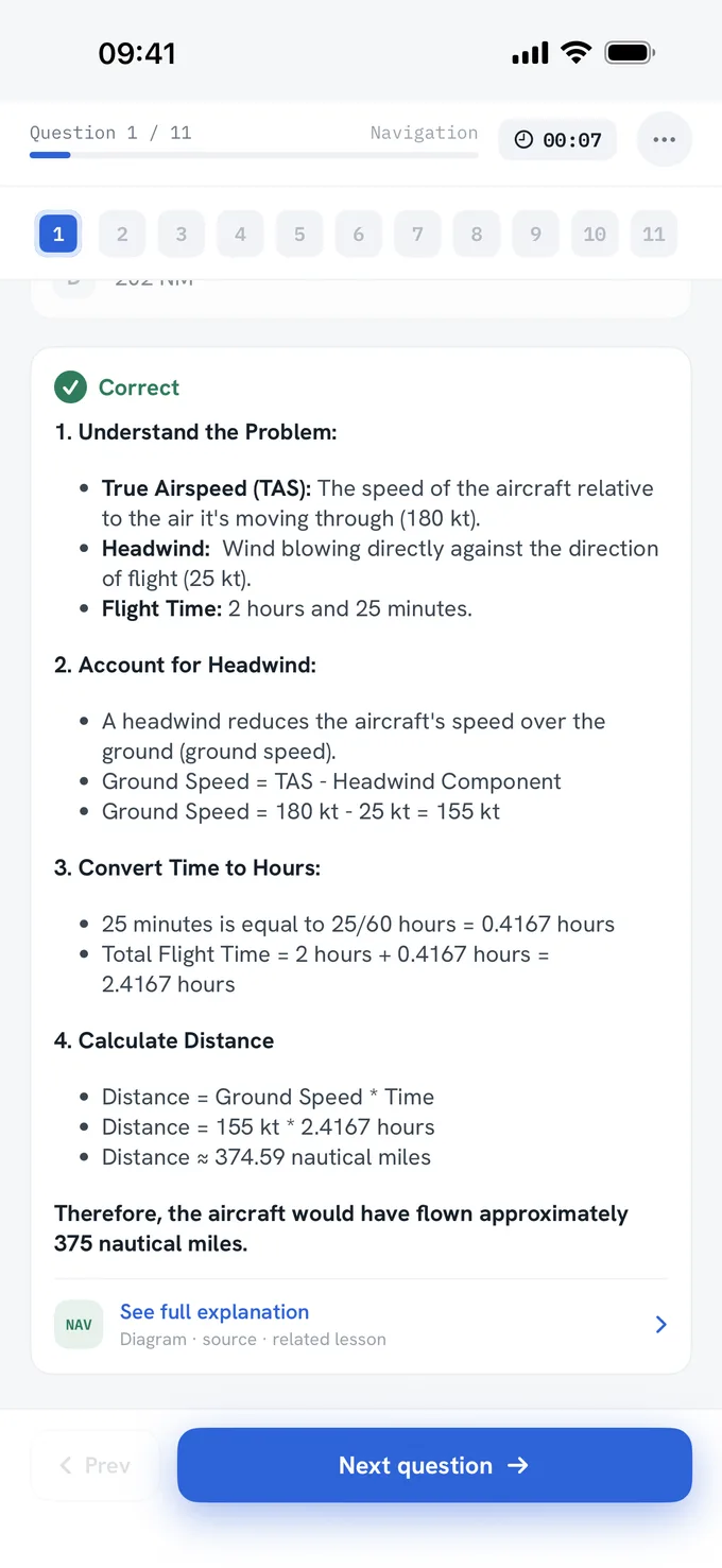 A worked, step-by-step explanation of a navigation question in the app