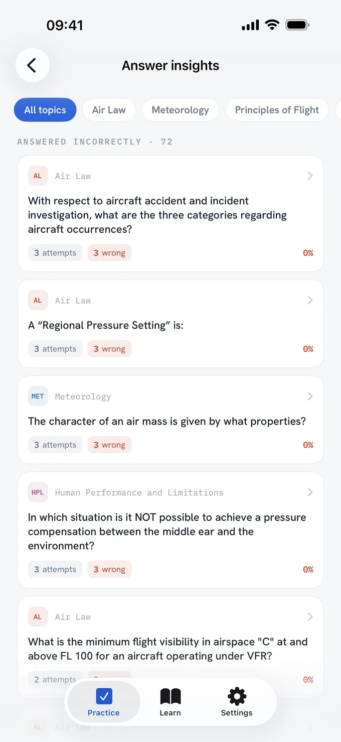 Answer insights screen listing the questions you keep getting wrong, by topic